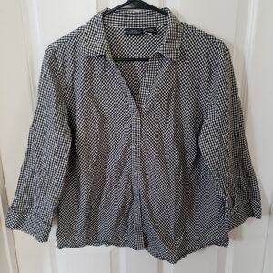 ⭐Sonoma Womens Gingham Snap Button V Neck Blouse Size XL  Black and White Collar